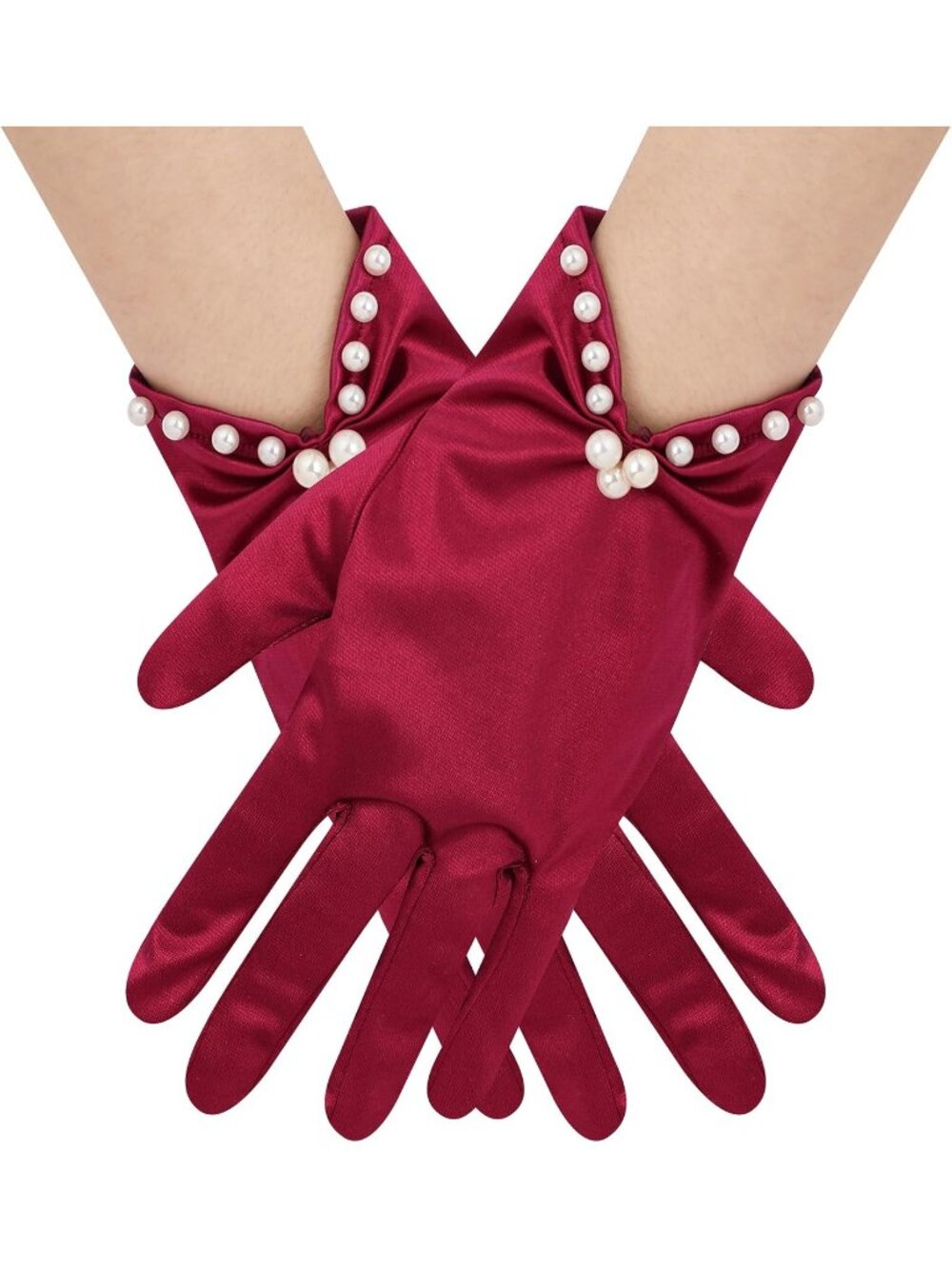 Women's Burgundy Short Satin Gloves with Pearl Tea Party Opera Banquet Gloves